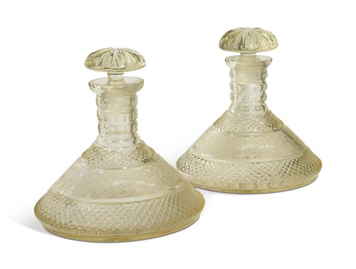 Lot 620 - A pair of etched and wheel cut glass ship's decanters and stoppers, early 20th century