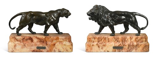 Lot 584 - After Antoine Louis Barye (1795-1875), Walking Lion and Walking Tiger, early 20th century