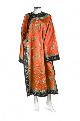 Lot 12 - A Chinese embroidered coral silk lady's summer robe, late Qing dynasty