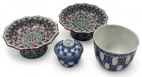 Lot 14 - A pair of Benjarong small porcelain tazzae, probably circa 1830