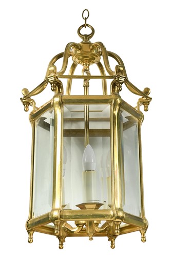 Lot 491 - A brass hexagonal hall lantern, 20th century