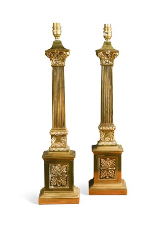 Lot 467 - A pair of brass column table lamps, 20th century