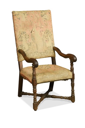 Lot 365 - An oak framed open armchair, late 17th century