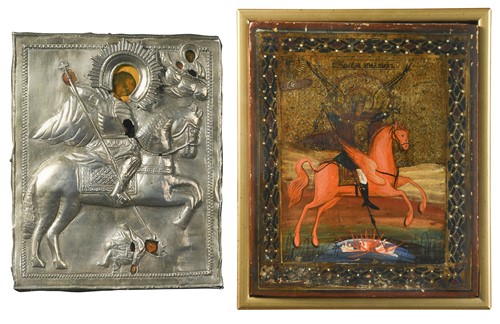 Lot 656 - A Russian silver icon of the Archangel Michael slaying the devil, 19th century