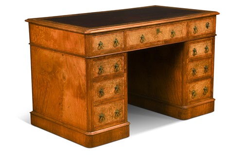 Lot 626 - A Victorian walnut, burr oak and kingwood crossbanded pedestal desk