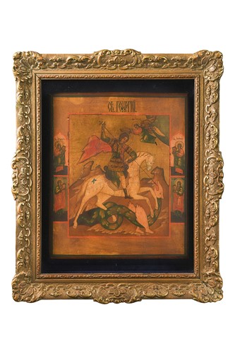 Lot 654 - A Russian icon of St George slaying the dragon, 19th century