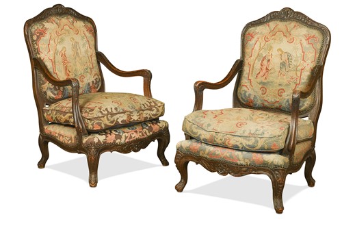 Lot 455 - A pair of French Louis XV style beech fauteuil open armchairs, 19th century