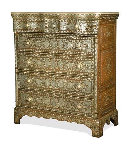 Lot 462 - A Syrian mother-of-pearl and camel bone inlaid marble-topped chest, early 20th century
