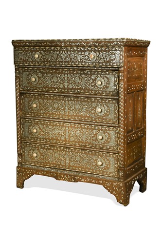 Lot 460 - A Syrian mother-of-pearl and camel bone inlaid chest, early 20th century