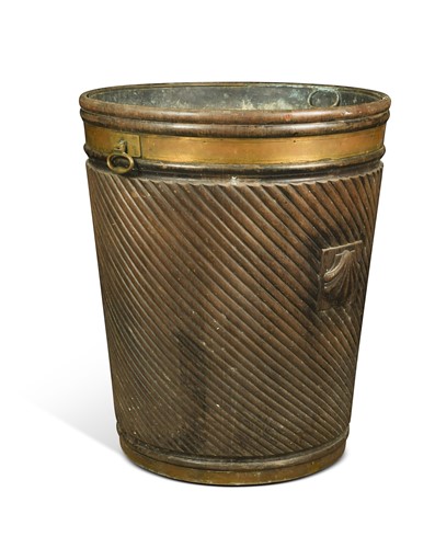 Lot 482 - A monumental Irish George III style mahogany and brass bound peat bucket, 20th century