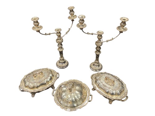 Lot 363 - A pair of silver plated three branch candelabra