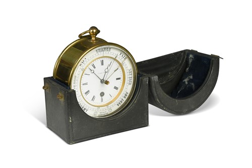 Lot 566 - A circular lacquered brass timepiece with aneroid barometer, 19th century