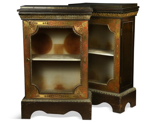 Lot 454 - A pair of Boulle brass inlaid ebonised display cabinets, 19th century