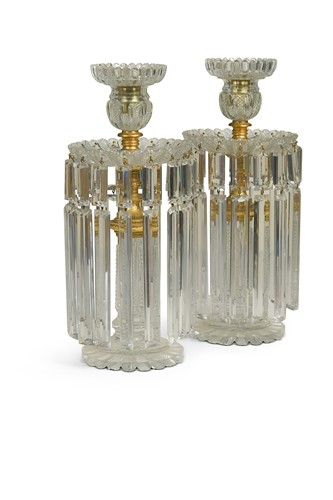 Lot 597 - A pair of cut glass candlestick lustres hung with facetted drops, 19th century
