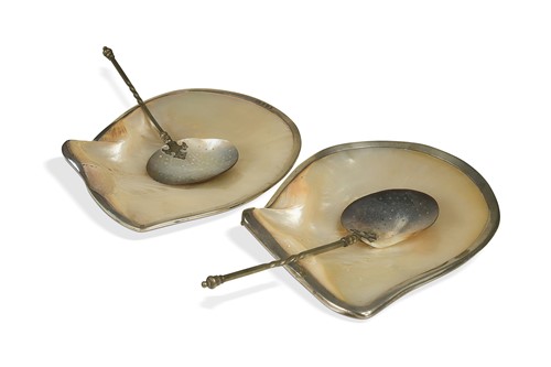 Lot 453 - Two similar silver mounted abalone type shell dishes