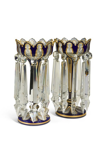 Lot 604 - A pair of blue glass and gilt lustres, circa 1890.