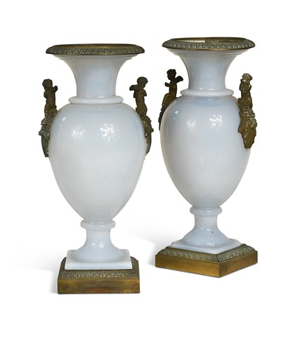 Lot 508 - A pair of French opaline glass and ormolu-mounted vases, 19th century