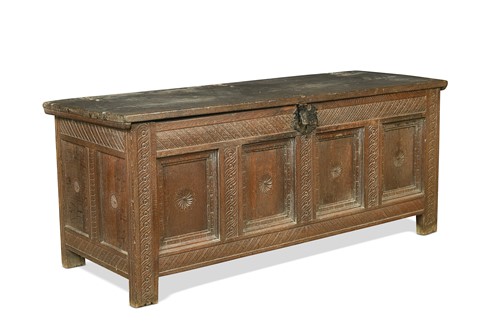 Lot 386 - A large oak four panel coffer chest, circa 1700