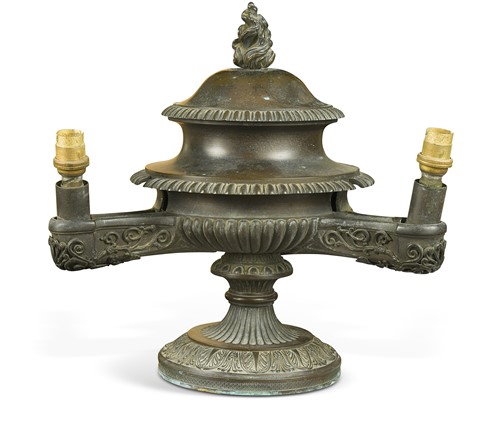 Lot 500 - A bronze colza-burner lamp, 19th century