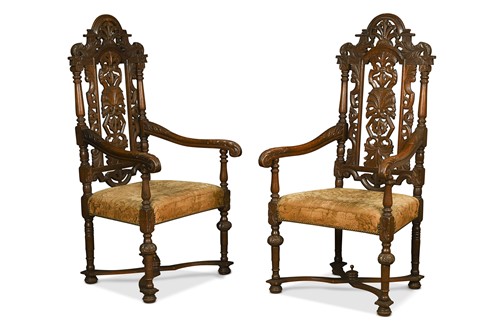 Lot 367 - A pair of Carolean-style carved oak armchairs, 19th century