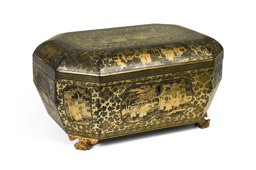 Lot 642 - A gilt and black lacquer chinoiserie decorated work box, 19th century