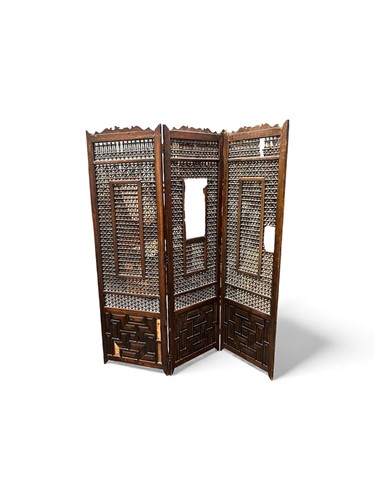 Lot 770 - A teak mashrabiya three fold screen, 20th...