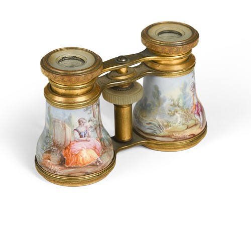 Lot 528 - A pair of Continental gilt-metal and porcelain opera glasses, late 19th century