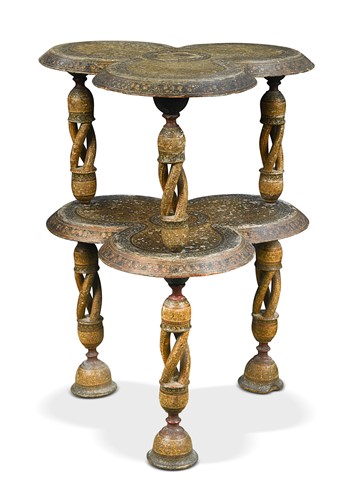 Lot 632 - A Kashmiri polychrome lacquered two tier table, late 19th century