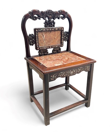 Lot 42 - A Chinese hardwood mother-of-pearl and red marble inlaid open chair, Qing dynasty, 19th century