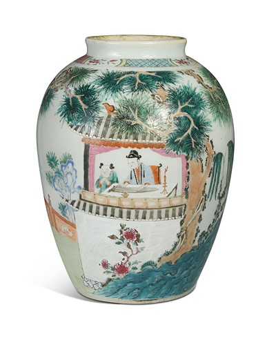 Lot 4 - A Chinese famille rose ovoid vase, Qing dynasty, late 18th or early 19th century