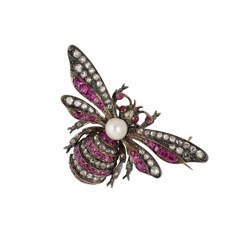 Lot 34 - A ruby, diamond and pearl bee brooch
