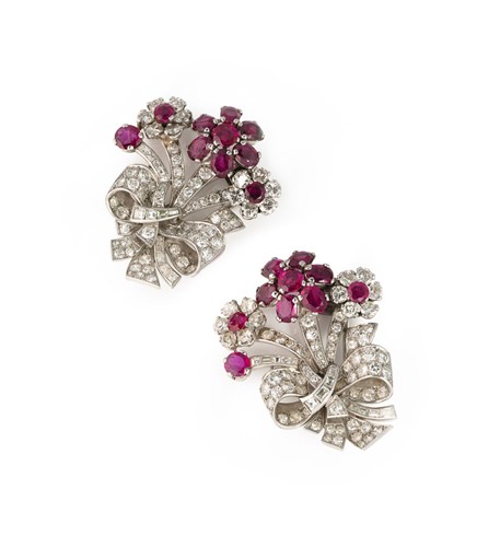 Lot 221 - A pair of mid 20th century ruby and diamond floral brooches