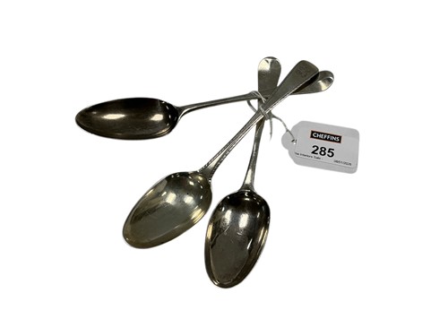 Lot 285 - Three 18th century Georgian hallmarked spoons,...