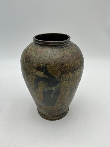 Lot 205 - A Persian Qajar style painted brass vase,...