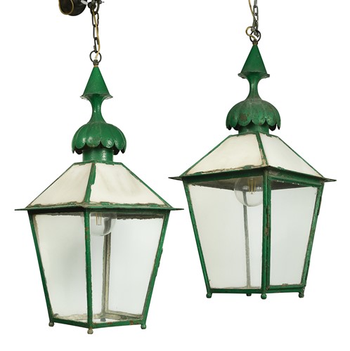 Lot 667 - A pair of green painted street lanterns, 19th century