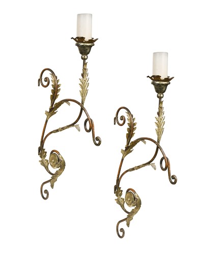 Lot 348 - A pair of gilt-metal wall-mounted pricket candle brackets, 20th century