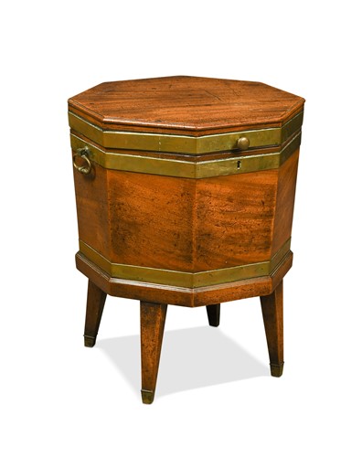 Lot 420 - A George III octagonal mahogany and brass-bound cellarette
