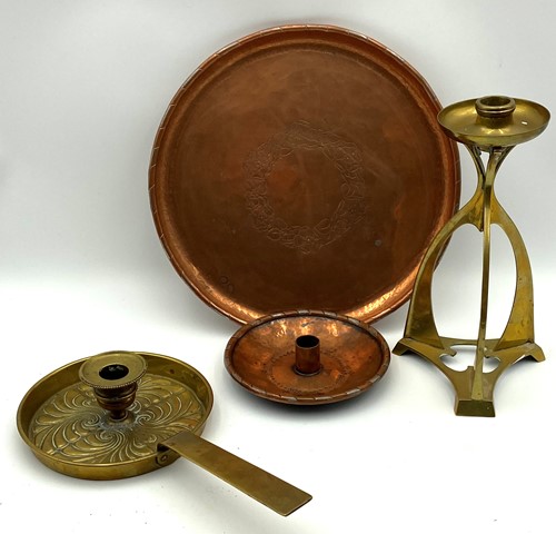 Lot 80 - A Hugh Wallis copper candle stand, stamped...