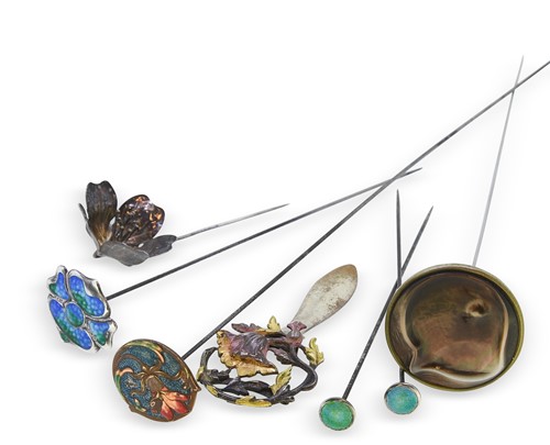 Lot 162 - A group of six Art Nouveau enamelled hat pins