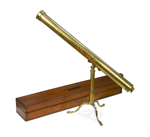 Lot 625 - A lacquered brass refracting telescope with folding tripod stand, 19th century