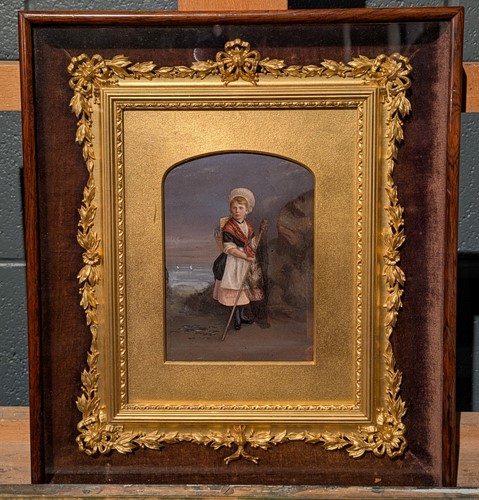 Lot 285 - Overpainted print of a girl in a gilt metal...