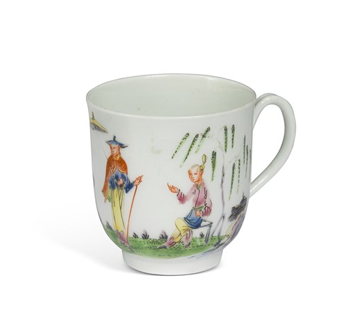 Lot 406 - A Worcester porcelain polychrome coffee cup, circa 1753