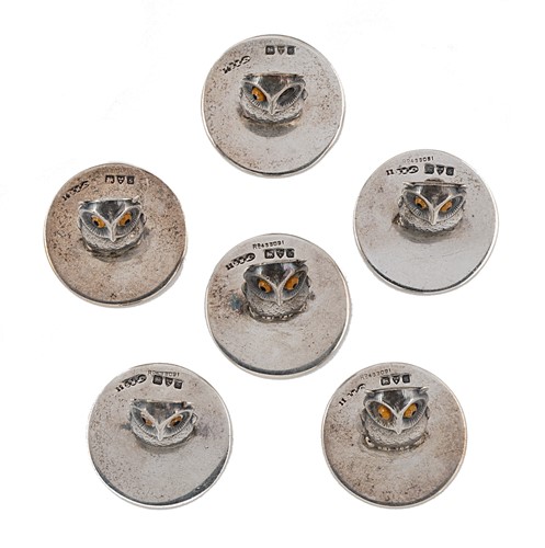 Lot 289 - A set of six Edward VII silver novelty owl menu holders