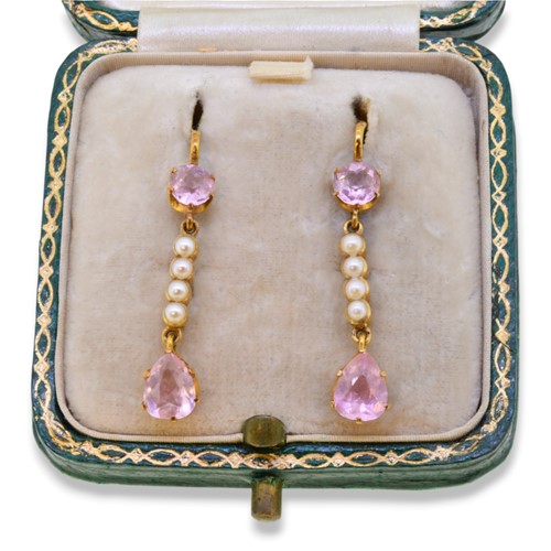 Lot 36 - A pair of pink tourmaline and split pearl ear pendants