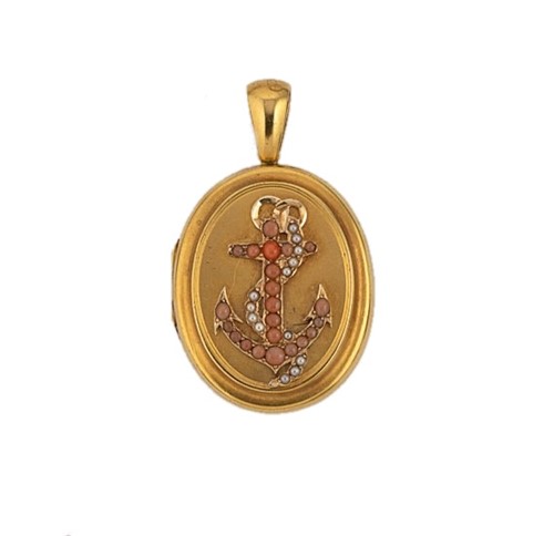 Lot 40 - A Victorian coral and split pearl anchor hinged locket