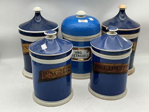 Lot 217 - Four lidded apothecary jars, late 18th or...