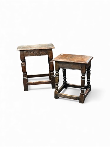 Lot 696 - Two similar oak joint stools with ring turned...