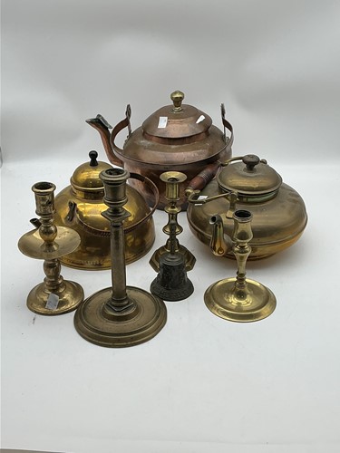 Lot 230 - A collection of brass knopped candlesticks,...