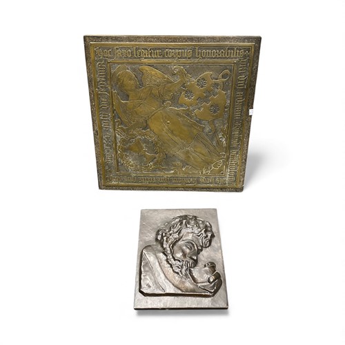 Lot 141 - An angel brass plaque, later mounted, the...
