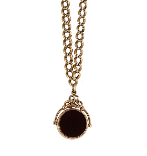 Lot 230 - A curb link watch chain with hardstone fob